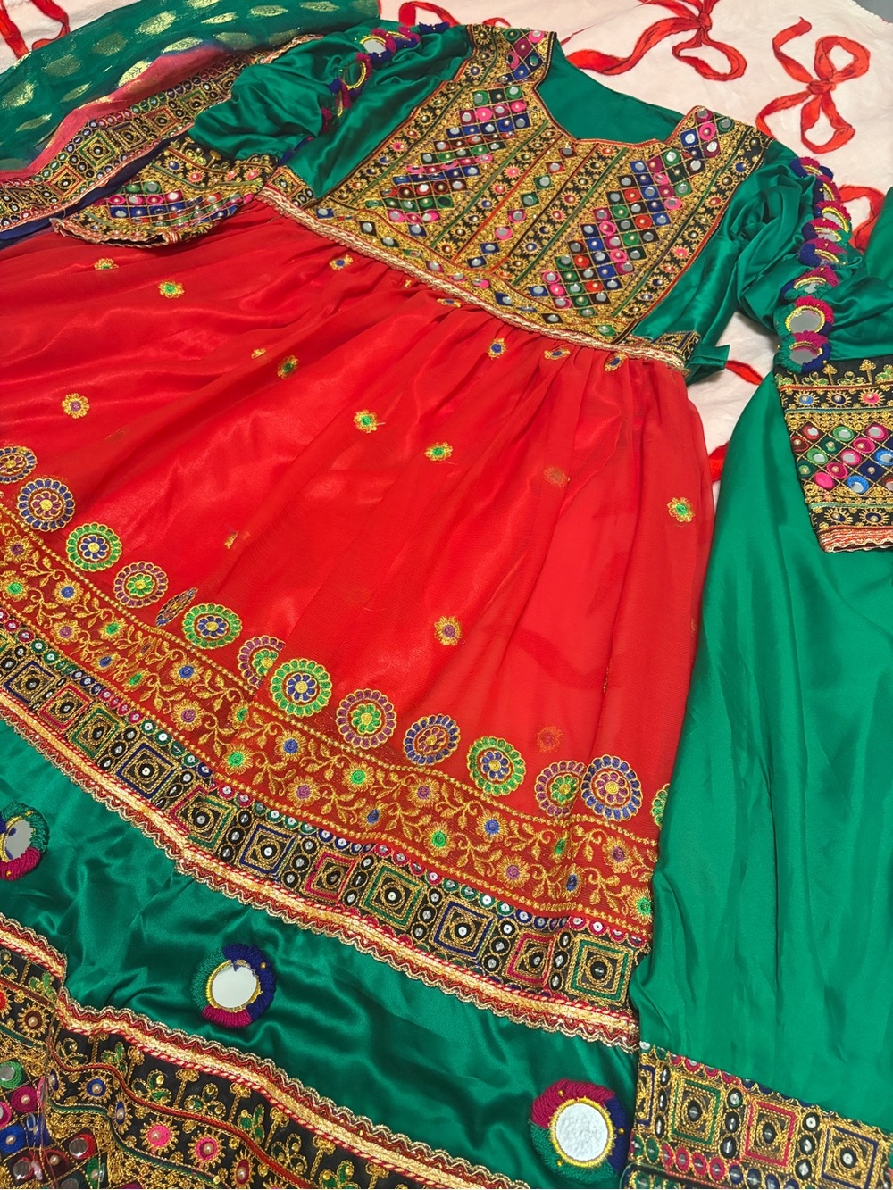 Afghan Vibrant Red & Green Dress New w/o tags